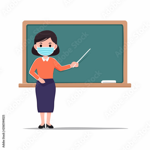 Teacher wearing mask pointing at blackboard