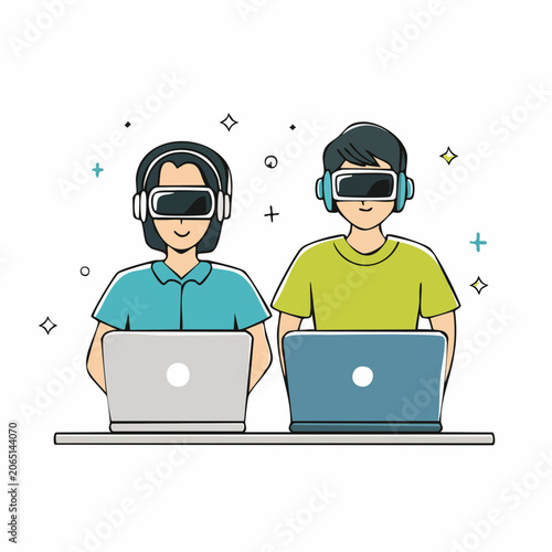 Two people wearing VR headsets and using laptops