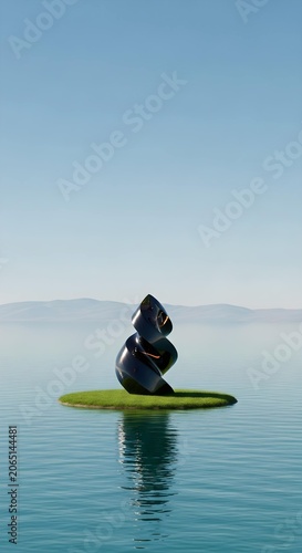 Minimalist Abstract Black Glossy Sculpture Placed on a Serene Isolated Grass Island Amidst Calm Blue Ocean Waters Under a Clear Horizon