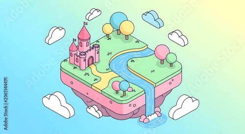 Isometric Fantasy Floating Island Illustration Featuring a Magical Pink Castle with a Serene River and Pastel Landscape