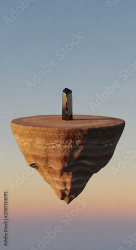 Surreal floating earth island with a singular standing crystal monolith against a soft sunset gradient sky background