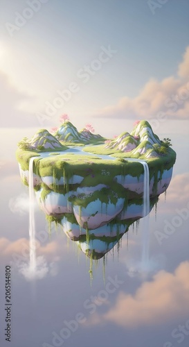 Fantasy floating island landscape with cascading waterfalls and lush greenery drifting above soft clouds in a dreamy sky