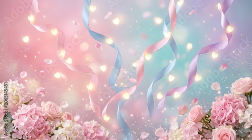 Pastel ribbons and pink hydrangeas with glowing bokeh lights