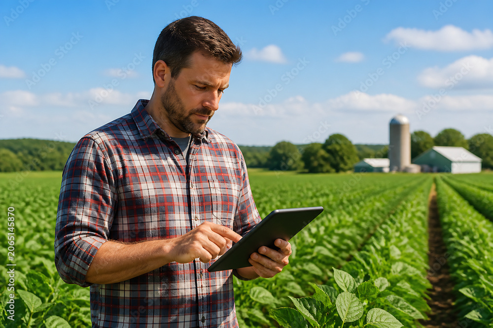 Fototapeta premium A man in a plaid shirt is looking at a tablet computer while standing in a green agricultural field under a blue sky.