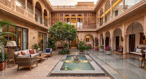 Traditional Indian heritage courtyard with elegant arches, central water feature, ornate architecture and luxurious hospitality ambiance.