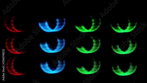 VJ loops video, glowing LED rings textured with a mesh screen, mimicking a digital display, abstract lights, used for nightclub or concert backdrops, Spectrum looped animation light glowing neon lines