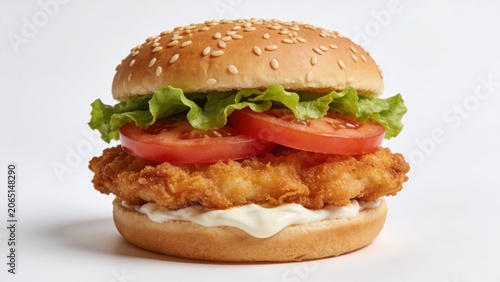 is a high-resolution, studio-style photograph of a chicken sandwich centered against a plain white background. The sandwich features a golden-brown, crispy fried chicken fillet as the main component.