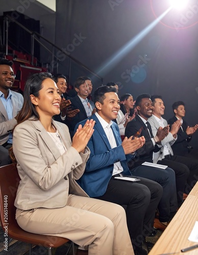 A group of diverse people in business attire sitting and applauding