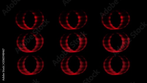 VJ loops video, glowing LED rings textured with a mesh screen, mimicking a digital display, abstract lights, used for nightclub or concert backdrops, Spectrum looped animation light glowing neon lines