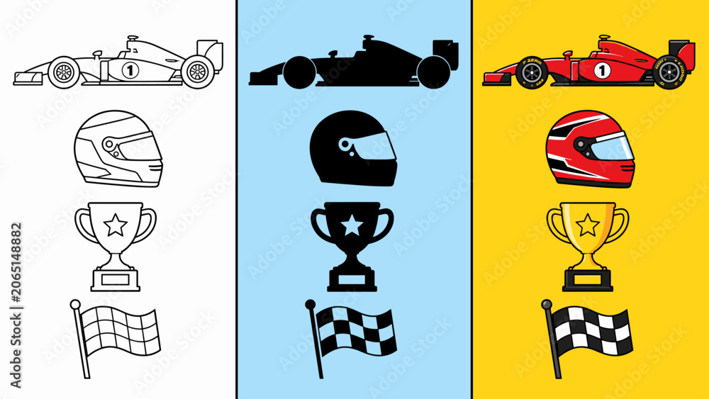 Naklejka premium Formula 1 racing icons: car, helmet, trophy, and checkered flag