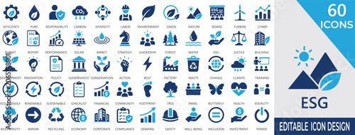 Obraz na plátně ESG solid icon set with sustainability metrics, impact, social, renewable, equity, governance, green, climate, and responsible business symbols