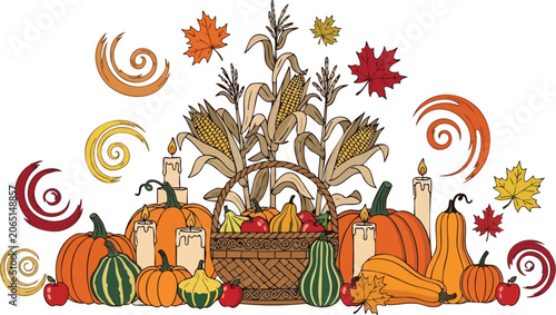 Thanksgiving Tabletop Arrangement With Harvest Basket Pumpkins Dried Corn and Elegant Candles on White Background