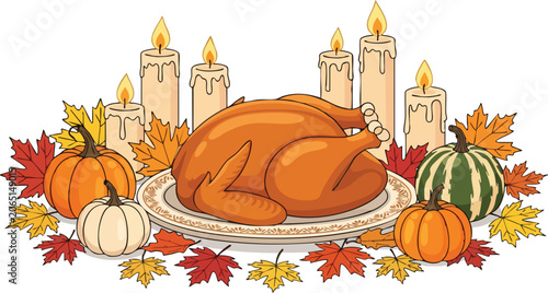 Traditional Roasted Thanksgiving Turkey on Platter With Autumn Pumpkins Maple Leaves and Glowing Candles Over White Background