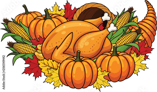 Vibrant Flat Style Thanksgiving Harvest Scene Featuring Roasted Turkey Golden Corn Pumpkins and Autumn Foliage Isolated on White
