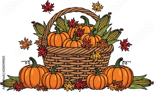 Wicker Harvest Basket Overflowing With Ripe Orange Pumpkins Golden Corn Cobs and Scattered Maple Leaves on White Background
