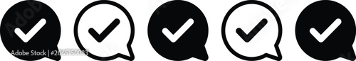 Set of five speech bubble icons with check marks for customer feedback and communication feedback communication verified dialogue approved business chatting confirmation