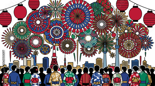 Japanese summer festival crowd in yukata watching city fireworks
