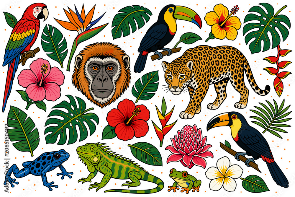 Fototapeta premium Vibrant jungle animals and tropical flora collection with a macaw, jaguar, and toucans
