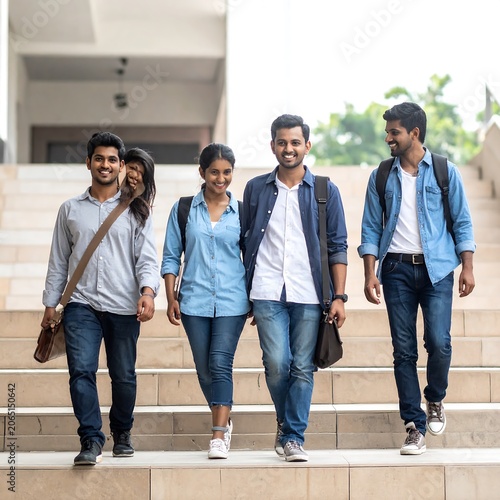 A group of five young adults casually dressed walk together on outdoor steps