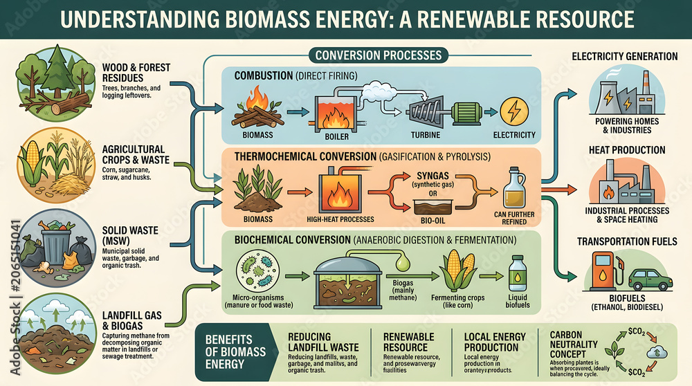 Naklejka premium Biomass energy conversion processes renewable resource flowchart