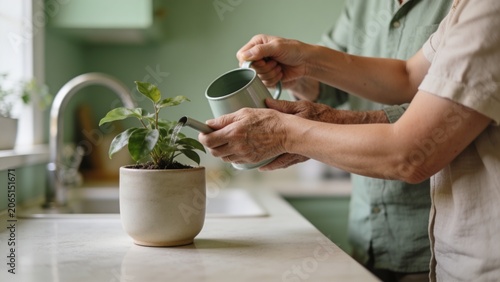 Caring Hands Watering a Green Potted Plant on a Kitchen Countertop