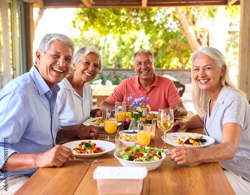 A group of four older adults smiling while seated at a dining table outdoors