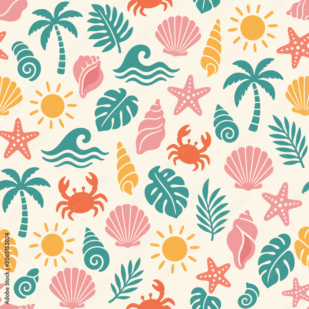 Fototapeta premium Tropical beach pattern with palm trees, shells, crabs, and sun