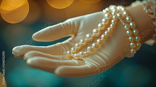 Elegant Close-up of Woman's Hand Wearing Soft Silk Glove Holding String of Lustrous White Pearls Against Beautifully Blurred Bokeh Background for Luxury Feel