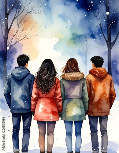 A group of four people wearing coats in a snowy forest