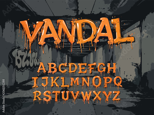 Graffiti alphabet font vector with dripping effect on urban street wall background, typography design for street art, and music poster
