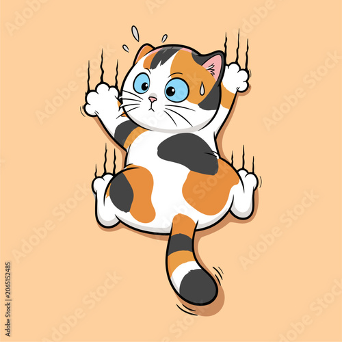 Funny Chubby Calico Cat Clinging to Wall Cartoon Vector Illustration, Cute Scared Kitty Character with Scratching Paws