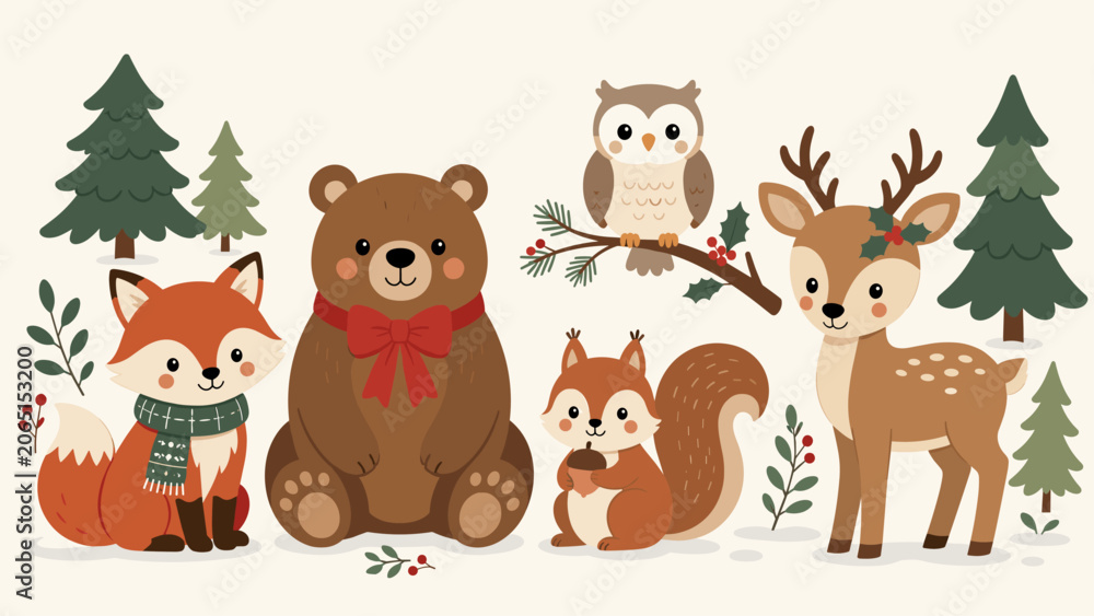 Naklejka premium Cute forest animals and evergreen trees in a charming winter woodland scene