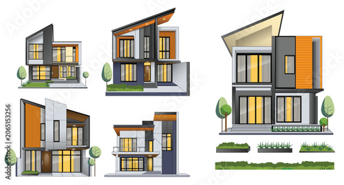 Handmade Modern Minimalist House Illustration Set with Realistic Residential Architecture  created manually without AI generation. 