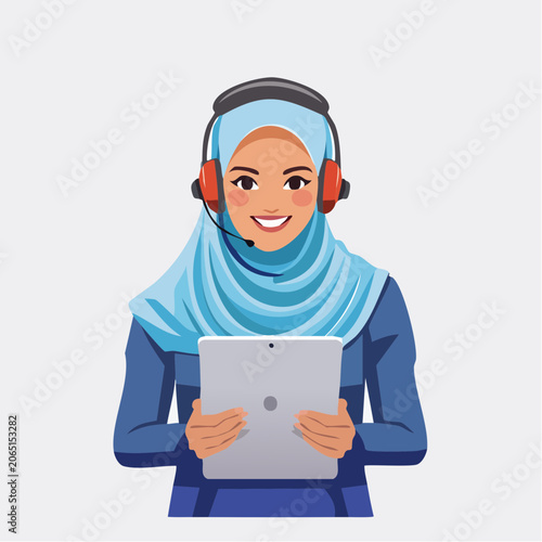 Muslim Woman Wearing Hijab and Headset Holding a Tablet