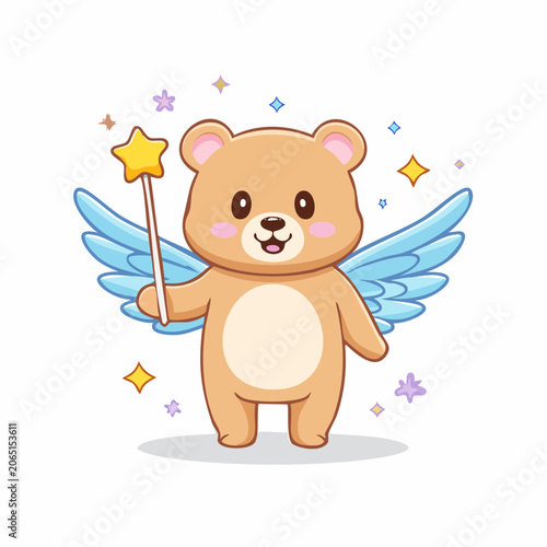 Cute cartoon bear with wings and magic wand