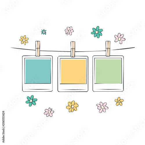 Polaroid photos on clothespins with flowers illustration