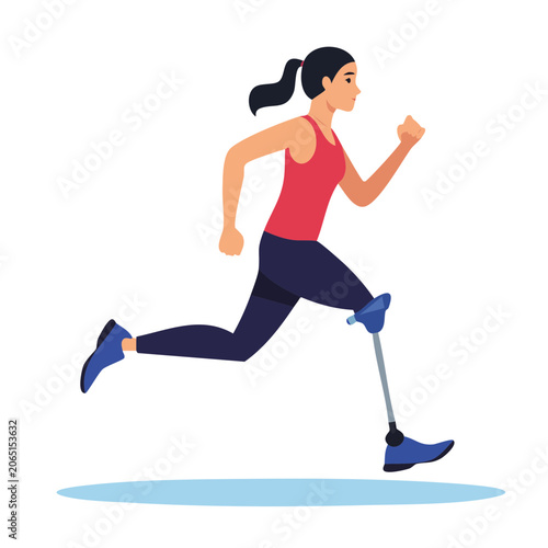 Woman running with prosthetic leg in flat design