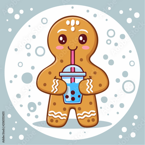 Cute Gingerbread Man Drinking Boba Tea