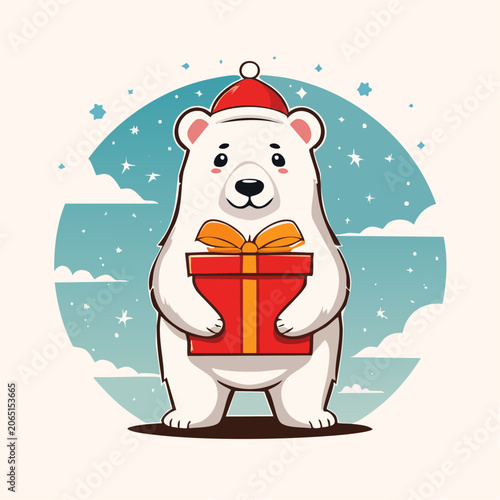 Cute Polar Bear Wearing Santa Hat Holding Gift Box