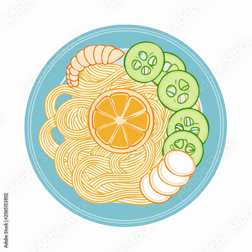 Noodle Dish with Shrimp, Orange, Cucumber, and Radish Slices