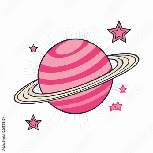Pink Planet with Rings and Stars
