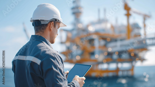 Oil Rig Engineer: An engineer wearing a hard hat and safety vest stands on an oil rig, holding a tablet and looking out at the ocean. The rig is in the background, with a clear blue sky above.