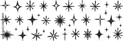 Photos Set of hand drawn star icons, sparkle and twinkle elements isolated on white bac