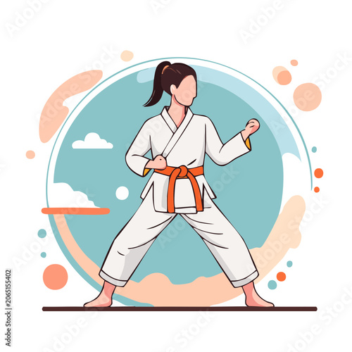 Karate woman in fighting stance, flat vector illustration