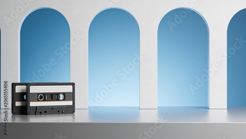 Retro Cassette Tape Resting in a Minimalist Surreal Architecture Setting