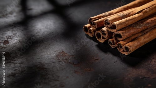Rustic Pile of Aromatic Cinnamon Sticks on Dark Textured Surface Backdrop