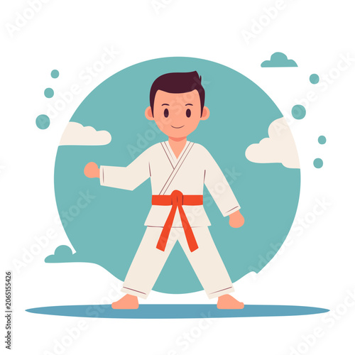 Karateka in white gi with orange belt, flat illustration