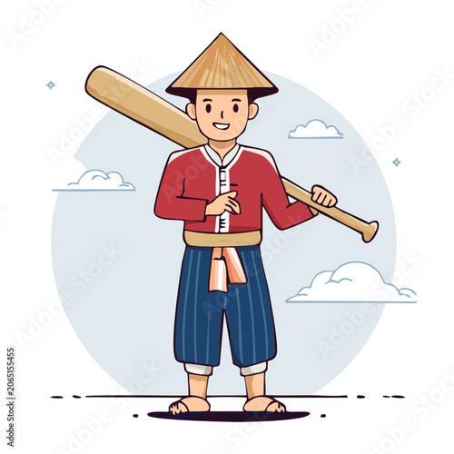 Smiling person in traditional clothing with conical hat and shoulder