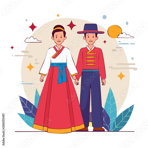 Traditional couple in hanbok illustration