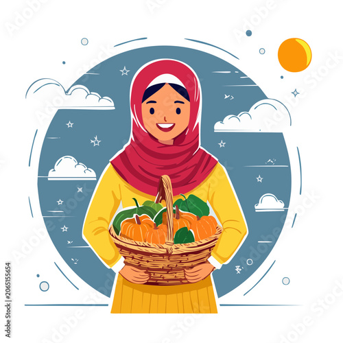 Smiling woman in hijab holding basket of fresh fruits
